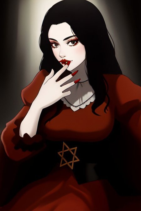 (Belgian) vampire girl, 40 years old, (beautiful:1.75), (very pale skin:1.35), (gothic makeup:0.99), (Red Lipstick:1), (black hair), (anime:0.35), (oval face:0.25), (Halloween), (night), (front view:1.25), (elegant), 10 minutes before the world will end, (back light),  hyper-realistic, (ultra-detailed:1), (insanely detailed:1), 4k, realistic 8k, shot on portra 400, (((masterpiece))), (perfect composition:1.55), (best quality), (HD), (Leonardo Da Vinci:0.10), ((Transylvanian Castle)), Perfect hand, Hand, Detailed hand