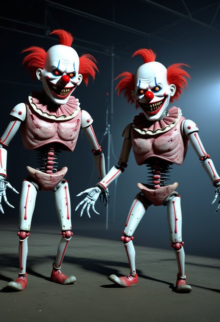 Dancing meat puppets, controlled by a creepy cyborg clown, uncanny valley, nightmare fuel, way too many teeth, oh the horror,
combinestyle