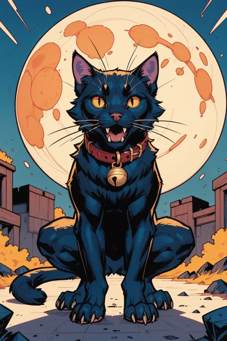 slit pupils, black fur, yellow eyes, looking at viewer, no humans, fangs, collar, animal, open mouth, cat, claws, full body, squatting, moon, animal focus, yellow sclera, body fur, colored sclera, jewelry, whiskers, black cat, tail, animalization, multiple heads, spread legs, animal ears, <lora:Expressive_H:0.5>, score_9, score_8_up, score_8_up, a_Comic_Illustration, rough lines with ink, (drawn:1.1), (sketch:1.5), (crosshatching:1.25), (comic style:1.1), graphic novel style, sharp lines, hires, zstyle, (western comics \(style\):1.1), (hatching \(texture\):1.2), zPDXL, Mr_Monster_Possitive