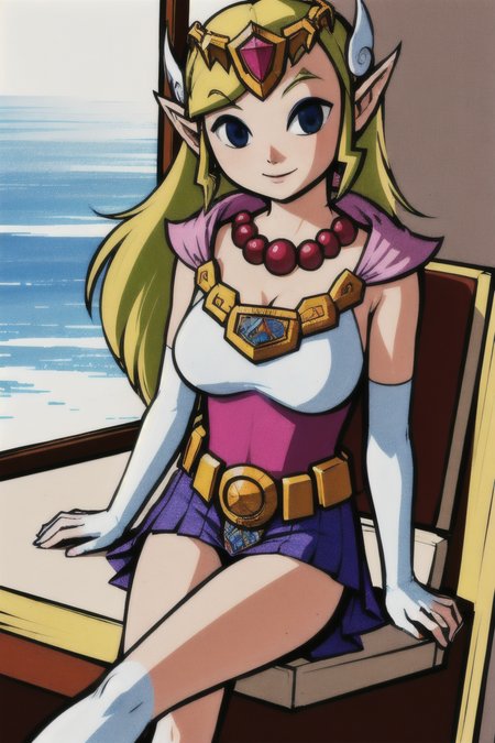 (view from top), in the Foyer, (Realistic:1.5) solo EdobLOZSpiritTracksZelda, Sitting with legs crossed and one hand on knee, huge breasts, <lora:EdobLOZSpiritTracksZelda_v1.2:0.8>