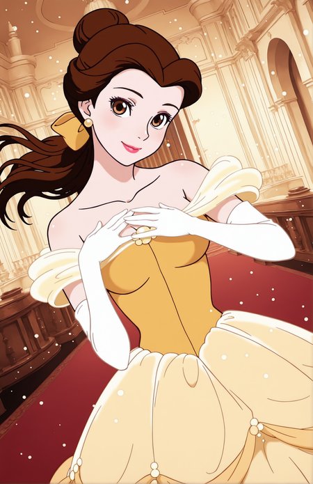 Kizustyle, 1girl, medium breasts, bow, brown hair, brown eyes, yellow dress, off-shoulder dress, white shirt, long dress, elbow gloves, jewelry, ponytail, single hair bun, lipstick, floating hair, makeup, light smile, dutch angle, cute pose, happy, looking at viewer, princess castle, indoors, elegant room, portrait, dynamic pose, cowboy shot, hand on chest, head tilt, light particles, from side
