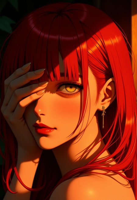 A highly detailed anime-style digital illustration of a young woman with (striking, vibrant red hair:1.4) that falls in (straight bangs:1.3), perfectly framing her face. Her (pale skin:1.3) has a smooth texture, illuminated by a (warm, golden glow:1.4) from the dramatic lighting. 
She has (large, expressive eyes:1.4) with a (hypnotic, swirling yellow iris:1.5) that draws the viewer’s attention. Her (full lips:1.3) are slightly parted, hinting at a (subtle, enigmatic smile:1.3), adding to her captivating expression. 
Her (delicate hand:1.3) is placed over her eyes, with (visible veins:1.2) and a (soft, natural skin tone:1.3), adding a sense of realism. The lighting in the image is (warm and intense:1.4), casting (deep shadows:1.3) and creating a dramatic effect that highlights her features. 
The background is (blurred:1.5), ensuring the viewer's focus remains solely on her (face and hand:1.4). The overall mood is (intimate and mysterious:1.4), with her warm expression and striking gaze contributing to a sense of intrigue and depth. 
The image is signed with (Japanese characters:1.3) subtly placed on her shoulder, indicating the artist’s signature and style. Rendered in (realistic anime:1.5) with meticulous shading, soft gradients, and a perfect balance between (realism and stylization:1.4), evoking the aesthetics of (Makoto Shinkai:1.4) and (Kyoto Animation:1.3).