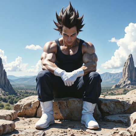 dbz,. The image is a highly detailed, photorealistic CGI rendering of Vegeta, a character from the Dragon Ball franchise. Vegeta, a muscular, humanoid alien with spiky, dark brown hair, is depicted sitting on a rocky outcropping. He is dressed in his iconic outfit: a dark blue sleeveless tank top, dark blue pants, and white boots with a distinctive white stripe, and white gloves.