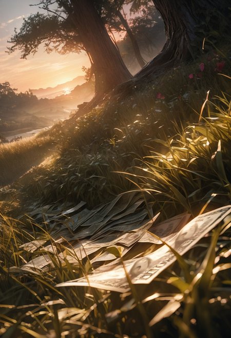 (best quality, 8k, high res, masterpiece:1.2), photorealistic, ultra-detailed, vibrant photography of a picturesque money orachard at sunset, wads of hunded dollar bills grow from gorgeous tree heaviy with ripe cash-rolls, dollars line the lush grasses of the meadow, beauty and abundance of nature in exquisite detail. (dynamic angle, cinematic lighting, ethereal atmosphere:1.1), (extremely detailed:1.2), (vivid colors:1.3), (perfect composition:1.2), (sharp focus, stunning realism:1.2)
