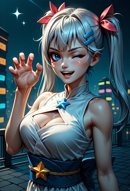 PonyXLV6_Scores BREAK  MiskyPie, side lighting, epic, illustration, render, volumetric lighting, welcoming, see-through gossamer, lustrous skin,(bloom), (shine), 1girl, solo, looking at viewer, blush, smile, open mouth, blue eyes, large breasts, hair ornament, dress, cleavage, twintails, medium breasts, upper body, white hair, grey hair, one eye closed, teeth, sleeveless, hairclip, star (symbol), sash, clothing cutout, eyelashes, sleeveless dress, obi, cleavage cutout, ;d, claw pose specular highlights, neon theme, neon futurism, dynamic angle, dynamic pose,city background , cinematic angle, cinematic lighting, source_anime,