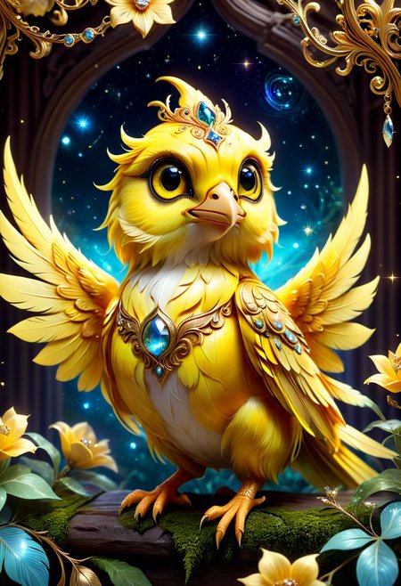 A small and cute yellow canary spawns an adorable non-human celestial animal in the celestial and fantasy style. the animal is supposed to be the most beautiful animal ever created. Consider details such as soft, feathers, silk, satin, shimmer and shimmer. Include subtle details of ghostly iridescence. emphasize small fancy details and ornate jewelry. Camera: Use interesting and dynamic composition. increase visual interest. lighting: use ambient lighting that enhances the atmosphere of the fantasy. include bright colors and deep shadows. hires, detailed eyes, hires detailed eyes, hires small details, elaborate details, ornate, 8k, shimmer, unity, official cgi unreal engine, high resolution, (((masterpiece))), high quality, high resolution, detail enhancement, (bright and light-eyed),