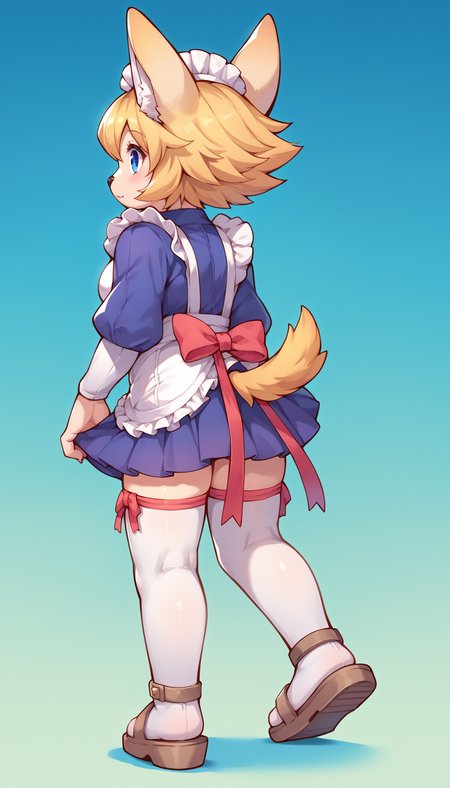 score_7_up, score_6_up, source_anime
BREAK
<lora:FloPDXL:1>  floSR, full body, solo, 1girl, dog girl, walking, from behind, looking back, furry female, blue eyes, animal ears, animal nose, tail, blonde hair,  shiny hair, short hair, cute, maid, maid headdress, maid apron, frills, red bow, ribbon, puffy sleeves, thighhighs, leg ribbon, sandals, :<,  zettai ryouiki, zPDXL2, gradient background, blue background