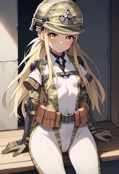 score_9, score_8_up, score_7_up, source_anime BREAK 1girl, solo, <lora:soldierfa-nikke-richy-v1_pdxl:1> sldrfa, blonde hair, long hair, helmet, yellow eyes, smile, blush, white bodysuit, camouflage, shoulder pads, belt pouch, gloves, looking at viewer, sitting, small breasts
