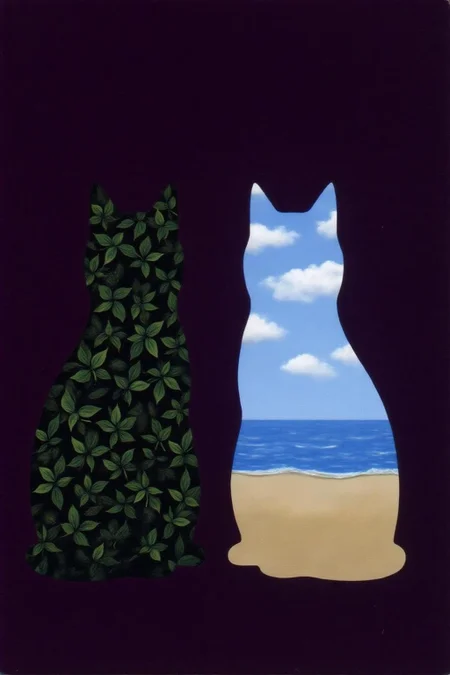 renemag1 painting.
renemag1 painting. Two cutout silhouettes of cats standing against a dark purple background. The silhouette on the left is of a cat with a pattern of green leaves covering his body, creating a surreal contrast to the natural elements depicted. The silhouette on the right is of a cat but its body is transparent, revealing a scene of a tranquil seaside landscape behind him. 
 <lora:renemag1_cap_d6a3:1.0><lora:829579530575491484:0>