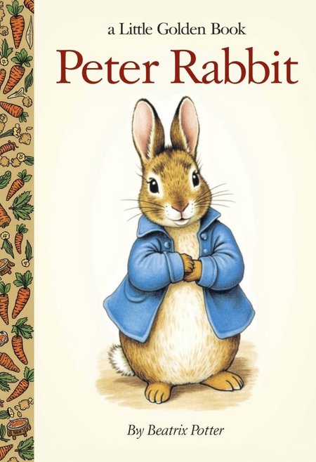 The front cover of a book in the "a Little Golden Book" series titled "Peter Rabbit", "a Little Golden Book" written just above the main title. 
 the cover depicts a small Rabbit in a blue jacket By artist Beatrix Potter, The left side of the cover is adorned with a golden decorative border with pictures of carrots