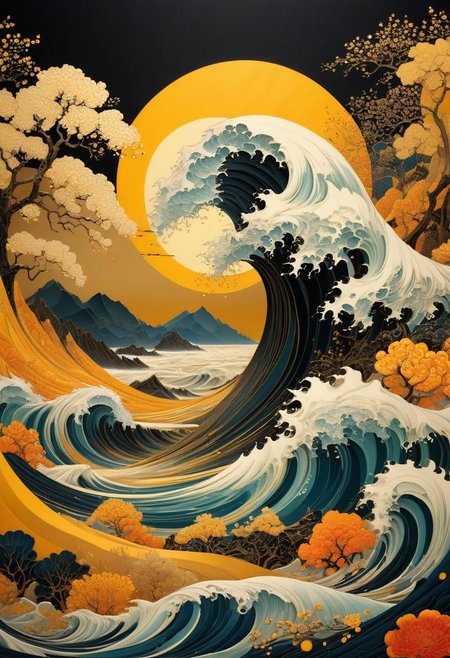 very beautiful insanely detailed image of tsunami in golden spring". beautiful golden mountains, bright dark yellow ornate sun, by Victo_Ngai, Oleksandra Ekster, Malevich, Vladyslav Yerko and Alexander Jansson, Vladyslav Yerko! Very Complex perfect elegant composition! linen gesso acrylic paper, epic Dramatic lighting! Razor-sharp quality insanely detailed, deep colors realistic masterpiece<lora:xl_more_art-full_v1:0.5>