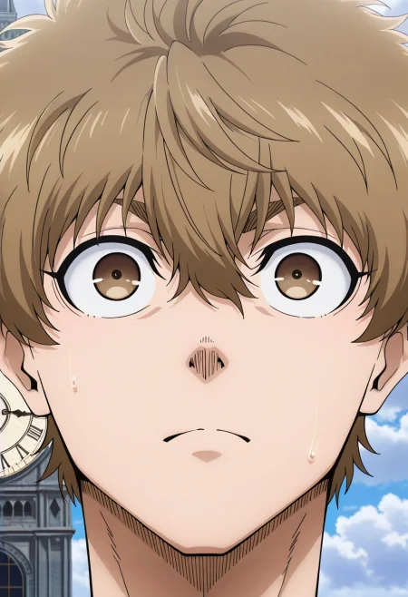 masterpiece, best quality, intricate details, anime screencap, anime coloring, official style, looking at viewer, 1boy, solo, male focus, <lora:asahi_naruhaya_ilxl:0.98>, asahi_naruhaya, brown hair, brown eyes, short hair, hair between eyes, bangs, , Big Ben, London, iconic clock tower, crowded square, looking up, awe-struck expression, cloudy sky,