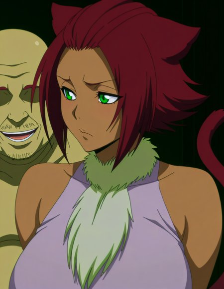masterpiece, best quality, amazing quality,, <lora:haineko-anime-illustriousxl-lora-nochekaiser:1>, haineko, short hair, red hair, animal ears, tail, cat ears, cat tail, green eyes, dark skin, dark-skinned female, mature female, breasts, anime screencap, <lora:faceless-ugly-man-illustriousxl-lora-nochekaiser:1>, faceless ugly man, faceless, ugly man, fat, faceless male, fat, bald, mature male,,
