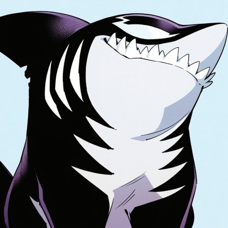 score_9, score_8_up, score_7_up, Expressiveh, masterpiece, best quality, highly detailed, realistic,  1boy, solo, SymJLS, furry, feral, marine, shark, fin, white sclera, no pupils, dark-purple body, white body, two tone body, all fours, sharp teeth, sitting, upper body, close-up, (blue background, simple background), smile, looking at viewer, closed mouth