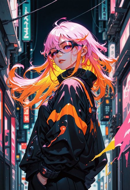 ckym, in the style of ckym, masterpiece, best quality, good quality, very aesthetic, absurdres, newest, 8K, depth of field, focused subject, artist:moriimee, BREAK  intricate linework with expressive contrasts, soft lighting with dynamic highlights, image of a Japanese woman in neon urban streetwear, cyberpunk glasses, long bioluminescent hair, flowing hair, bangs, standing on a cyberpunk street, turning her head to look back at the viewer