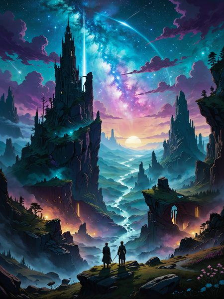 <loractl:envybetterhiresfixxl01-xl:0.0:hr=1.0> <lora:add-detail-xl:2.4> <lora:more_artful-xl:0.6> <lora:lyco-style-envydramaticlightingxl01_digital_art-xl:0.5> famous artwork inspired by (caspar david friedrich:1.4) and (stellaris:1.2), anime movie poster style, beautiful otherworldly (extraterrestrial mythical landscape:1.2), at night, (arcane beautiful flora:1.2), supernatural and quixotic structures, jagged rock formations, biomorphic, night sky, nebula, ethereal, dappled light, black, teal, purple, (blue:0.8), (cyan:0.8), (bordeaux red:0.7), (yellow:0.7), dark corners, ultra detailed, 8k, uhd