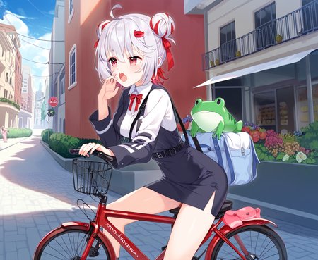 /1/score_9,score_8_up,score_7_up,rating_explicit,absurdres,unity 8k wallpaper,official art,official style,source_anime,game cg,ultra delicate hair,shiny skin,slender,<lora:tonde_pyokora_pony_v1:1>,tonde_pyokora,red eyes,virtual youtuber,multicolored hair,white hair,red hair,grey hair,hair bun,double bun,medium breasts,outdoors,business suit,pencil skirt,Morning,Sunny,Cloud city,Blowing wind effects,(sleepy:1.1),frog on bicycle,place her hand on the steering wheel,yawn,(city bicycle:1.1),<lora:suit skirt_pony_V1.0:1>,sit in the saddle,