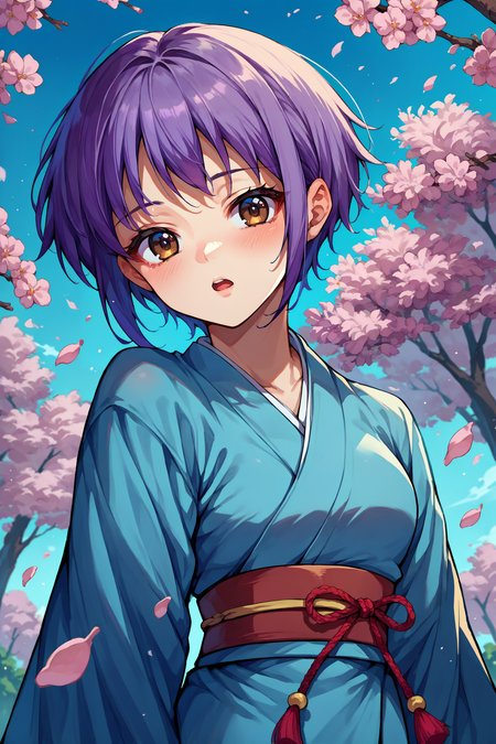 score_9, score_8_up, score_7_up, score_6_up, source_anime, 1girl, solo, <lora:nagatoyuki-pdxl-nvwls-v1-000005:1> yukinagato, purple hair, short hair, brown eyes, looking at you, blue kimono, sash, blue sky, cherry blossoms, blush, open mouth