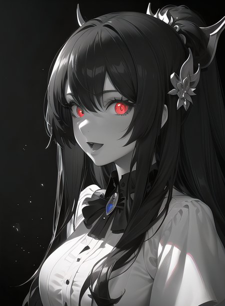 (masterpiece, best quality, ultra-detailed, best shadow), hyper detail,best illumination,8K,
long hair,shiny hair,(hair flaps),red eyes,:d,shaded face,collared dress,sparkling eyes,kanzashi,
close-up, trending on ArtStation,(monochrome:1.3),
