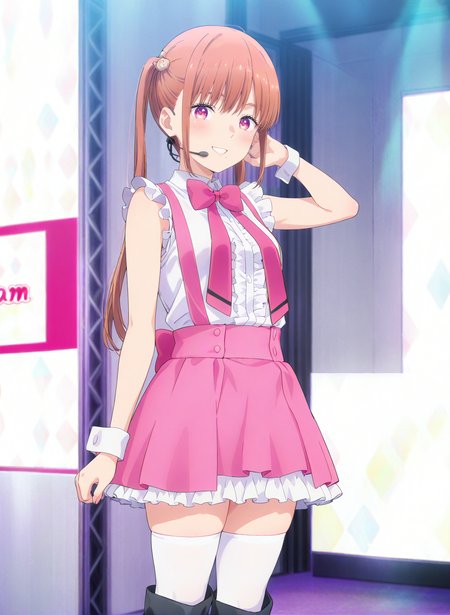 High quality,Ultra detailed,best quality,insanely detailed,beautiful,masterpiece,absurdres,very aesthetic,sensitive BREAK
1girl,solo,<lora:igarashi_reo_V1_IL:1>,(igarashi_reo, pink hair, pink eyes, long hair, twintails, mole under mouth, bangs, hair ornament, small breasts),(idol, pink bow, pink bowtie, white shirt, frills, sleeveless,suspenders,pink skirt,frilled skirt,white thighhighs,zettai ryouiki,knee boots),oshi ga budoukan itte kuretara shinu,looking_at_viewer,posing,smile,indoors,<lora:chamjam_stage_V1_IL:1>,stage,chamjam_stage,headset,