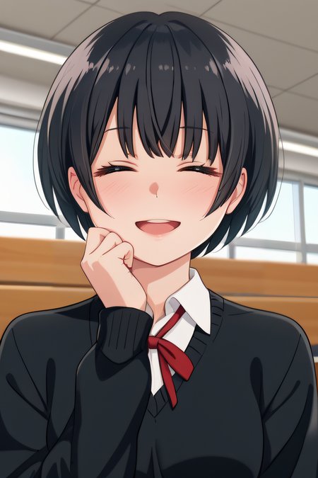 score_9, score_8_up, score_7_up, source_anime, rating_safe, intricate details, anime screencap, official style, 1girl, solo, <lora:Yukiko:1>, yukiko, black hair, short hair, closed eyes, school uniform, black sweater, collared shirt, red ribbon, looking at viewer, smile, indoor, upper body, hand on chin, upper teeth, five fingers