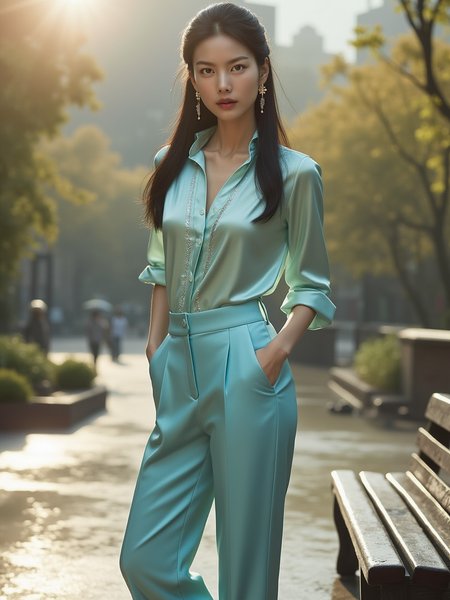 [12]Realistic photograph, A 20-year-old elegant and sophisticated Japanese woman is wearing a luxury silk blouse and high-waisted pants. The pastel-toned blouse features metallic details, and the pants fall neatly just above the ankles. She pairs black stiletto heels with a designer mini bag, accessorized with diamond earrings of chanel logo and a slim gold watch. Her look is completed with natural dark long hair, exuding refined city style. full body, looking at viewer, upper body, leg open, standing, rainy playgroun, sittting,
