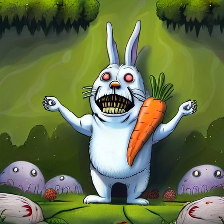 a monster rabit eating a lage screaming carrot with arms and face in a nice garden  <lora:rob_sheridan_drawing_style:1>