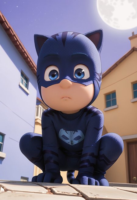 (score_9, score_8_up, score_7_up), highly detailed, cute boy, masterpiece, best quality, high quality, detailed, round face, round eyes,  petite, flat chested, aged down, cute, kawaii, short, 1boy, solo, Catboy Costume, Blue Eyes, Cat Ears, Tail,  low angle view, foreshortening, dynamic view, dutch angle, looking away, serious, squatting, on roof ledge, perching, perfect detail, perfect eyes, perfect face, perfect mouth, night time, moonlighting, moon in background, natural lighting, (ray tracing, good shadows)