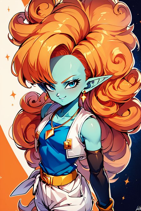 score_9, score_8_up, score_8, medium breasts, (curvy), cute, eyelashes,      rating safe,  BREAK,  zZangya, blue eyes, blue skin, pointy ears, orange hair, curly hair, long hair, big hair,  jewelry, necklace, detached sleeves, bare shoulders, vest, gloves, white baggy pants, <lora:Zangya_Dragonball_PDXL:0.8>,   BREAK, smile, looking at viewer,  abstract background, white outline,   embedding:zPDXL, Expressiveh,  <lora:CatalystStylePDXL:0.6>,  <lora:SDXLFaeTastic2400:0.5>,  <lora:Expressive_H-000001:0.4>,