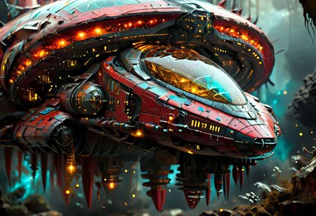 In outer space, a long shot of a Spaceship, by Moebius and H. R. Giger and Stefan Martiniere and Tomer Hanuka, (A giant bioluminescent futuristic spaceship, hyper detailed, award winning on artstation.com,(intricate details, masterpiece, best quality:1.4), wide angle view, dense fog, Different shades of red and gold and yellow, embellished with turquoise decoration, fractal art, in the style of nicola samori, Intense gaze, Bright... ,Model, expression, anthro, facial expression, Intense gaze, Anthro... woman, Genetically modified..., bioluminescent, glowing, spcrft