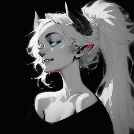 (Blend_in, black background), score_9, score_8_up, score_7_up, (sketch, monochrome, greyscale, spot color, sidelightning, cowboy shot, upper body), mature, beautiful, stunning, Lynn Pink, blue eyes, ponytail, tail, horns, pointy ears, fangs, (((adult))), small breasts, simple black shirt, long sleeves, off shoulder, no bra, looking away, head turned to the side, arms at sides
