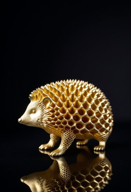 8K analog photo, 3d printed gold Hedgehog Statue made of Honeycomb Structure, WhiteMold, Walking, dark background, minimalist,