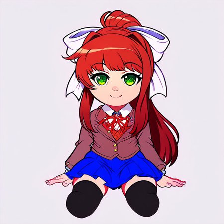 score_9,score_8_up,score_7_up,score_6_up, <lora:Lunas-JLullaby-SDXL-A3:1>,  4k, 8k, masterpiece, jlullaby,  Jam Orbital, solo, detailed eyes, detailed face, detailed hair, sitting on table 
ddlcmonika, blunt bangs, brown hair, green eyes, long hair, ponytail, ribbon, white ribbon, hair ribbon, sidelocks, black thighhighs, blue skirt, brown jacket, jacket, long sleeves, black kneehighs, pleated skirt, school uniform, full body, looking at the view, fumo style, sitting, simple background, toys, plushie
