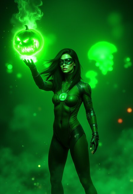 The scene captures a powerful female Green Lantern, fiercely poised for action. Her sleek, dark green eye mask brings an intensity to her gaze, with her eyes shimmering in emerald light as she prepares for a daring battle. Clad in a barely-there, form-fitting suit that highlights every curve, her athletic physique radiates strength and determination. The suitâs vibrant emerald green is intersected by intricate black lines, creating a dynamic pattern that enhances her movement, with the Green Lantern emblem prominently displayed on her chest and back, symbolizing her commitment to justice across the universe. She stands in a wide, ready stance, one leg bent as if mid-motion, conveying raw energy and focus. With her ringed hand extended forward, she conjures a large, glowing green Halloween pumpkin, crafted from green energy, floating above her. The pumpkin is carved with an intense, menacing face, emanating an eerie green glow that reflects her resolve to protect and serve, even on the spookiest of nights. My green lantern