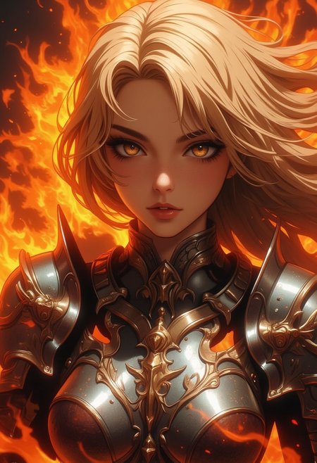 (masterpiece:1.1), (highest quality:1.1), (HDR:1.0), (1girl), blonde hair, (armor, metal, powerful, abstract:1.2), (orange theme:1.5), detailed eyes, ready eyes, looking at viewer, detailed and expressive eyes