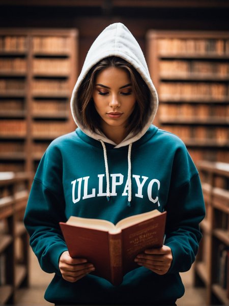 A dynamic cinematic photograph of Anna_Bianchi_P_MXAI_SDXL , intense expression, wearing shorts and a hoodie, reading a book in a huge old library, full body shot,, SK_CINEMATIC, ziprealism