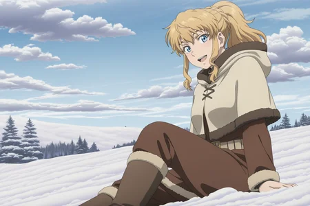 anime coloring, anime screencap, masterpiece, best quality, amazing quality, detailed face,
sky, day, snow, clouds,
 <lora:Ylva_Vinland_Saga:.9>
 Ylva (season 1), 1girl, solo, blonde hair, boots, capelet, open mouth, blue sky, ponytail, looking at the viewer, smile