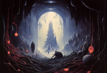 in the heartbeat of nothing,mirrors,candles,multiple reflections,veins,vessels,glow,silhouette,light particles,fog,deathstar,ectoplasm,gloomy,turbulence,claustrophobic,shimmer,bioluminescence,dark fantasy,horror theme,scary art,mysterious,dread,eerie, best quality,masterpiece, detailed, UHD, lots of fine detail,award-winning,vibrant,saturated,vibrant neon colors,painting,illustration,beyond-reality,visionary,surreal,disturbing,unusual,tragic,low angle,hdr,aesthetic,dreamcore
 painted in high resolution,The artwork effectively conveys a sense of mystery, horror, and intense emotion.
Greg Rutkowski
Guillermo del toro
H.R.Giger
Zdzisław Beksiński,
Virgil Finlay
Marc Simonetti
Edvard Munch
Salvador Dali