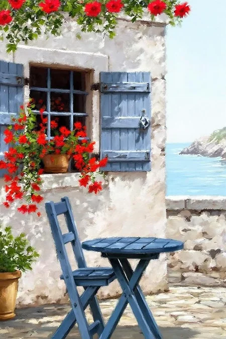 richardmacneil1 painting. 
A blue table and chair sit outside a stone wall with red flowers spilling from a window framed by blue shutters. The background shows the ocean and rocky cliffs. <lora:richardmacneil1_cap_d8a4e11:1.0><lora:853251694857870370:0>