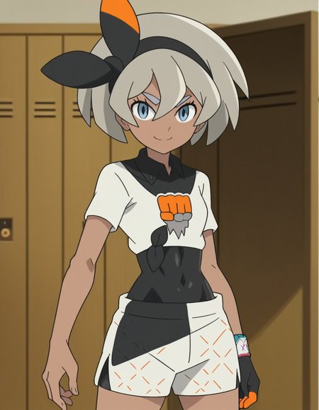score_9, score_8_up, score_7_up, source_anime, <lora:pokemon-bea-anime-ponyxl-lora-nochekaiser:1>, pokemonbea, blue eyes, dark skin, dark-skinned female, grey hair, hair between eyes, short hair, ribbon, hair ribbon, hairband, black ribbon, black hairband,, bodysuit, covered navel, shorts, single glove, glove, crop top, white shirt, short sleeves, collar, white shorts,, school hallway, lockers, between classes, everyday life, smile, looking at viewer, solo,, cowboy shot, dutch angle