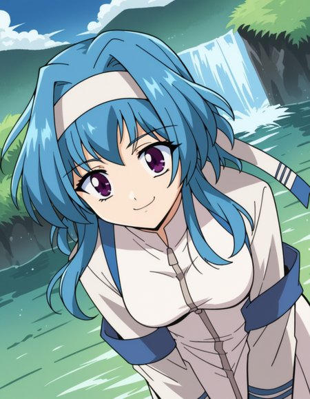 score_9, score_8_up, score_7_up, source_anime, <lora:youko-aoba-ova-ponyxl-lora-nochekaiser:1>, youko aoba, blue hair, purple eyes, sidelocks, hairband, headband, medium breasts, long sleeves, dress, white dress, white pants,, water, lake, river, waterfall, natural, smile, bent over, smug,, looking at viewer, solo,, dutch angle, cowboy shot