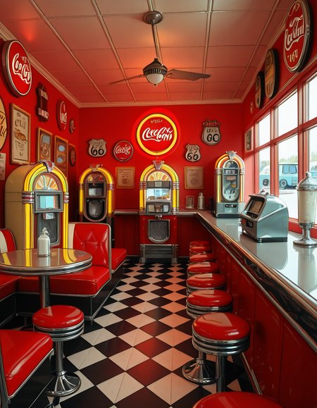 A classic 1950s American diner with a nostalgic retro atmosphere. The interior features red and white leather booth seating, chrome-trimmed tables, and a long counter with matching red barstools. A vintage jukebox with colorful neon lights stands against the wall, ready to play rock 'n' roll hits. The checkered black-and-white floor contrasts with pastel-colored walls adorned with Coca-Cola signs, Route 66 memorabilia, and classic diner menus. A row of shiny chrome napkin dispensers and glass salt and pepper shakers sit neatly on the tables. A milkshake machine and an old-fashioned soda fountain rest behind the counter, next to a vintage cash register. Large windows let in soft daylight, reflecting off the gleaming surfaces, creating a warm and inviting retro ambiance.
<lora:SDXLFaeTastic2400:0.4> <lora:extremely_detailed:0.4> extremely detailed,1950s American d1n3r, <lora:1950s_American_d1n3r-i:1>, Masterpiece,best quality,hi res,8k,hi res,8k,award winning,(sharp focus, intricate, highly detailed),