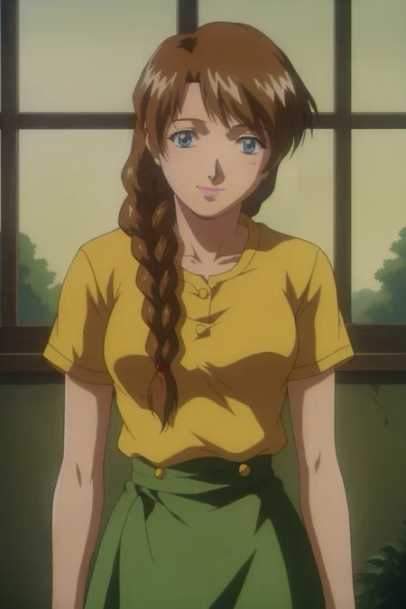 score_9, best, masterpiece, uncensored,
indoors,
1girl, solo, smile, 1990s (style), retro artstyle,
DWKojiYukiKimoto, braid, brown hair, yellow shirt, skirt,
pink lips,
<lora:DWKojiYukiKimoto_V3:0.8>​​​