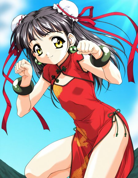 masterpiece, best quality, good quality, <lora:Kounyan_Spiral_NAMI_IS:1>Kounyan, black hair, long hair, double bun, hair bun, bun cover, yellow eyes, ribbon, earrings, flat chest, green jewelry, 2000s \(style\),anime coloring,  short stack,
1girl, solo, chinese clothes, china dress, red dress, smile, paw pose,
bracelet, short hair, 
blue sky,