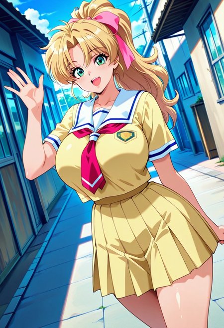 general,highres, ultra-detailed,very aesthetic,best quality ,best hands,best eyes,easynegative,
dynamic anglre, dutch angle, anime cloring,
1girl solo,looking at viewer,school,outdoors, smile, open mouth, waving hand, 
Yui Fujimura blonde hair,long_hair, ponytail, green_eyes, hair ribbon, pink ribbon, huge_breasts,school uniform,
