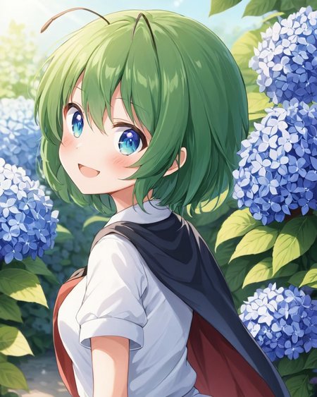 wriggle nightbug,1girl, antennae, solo, white_shirt, open_mouth, looking_at_viewer, black_cape, smile, upper_body, short_sleeves, hydrangea, blush, outdoors, looking_back, blurry, two-sided_cape, blue_flower, red_cape
<lora:wriggle_nightbug_image3698_2023-12-11-000006:1>,star-shaped_pupils,symbol-shaped_pupils,. gorgeous,key visual, vibrant, studio anime,award-winning, professional, highly detailed,high budget, cinemascope
