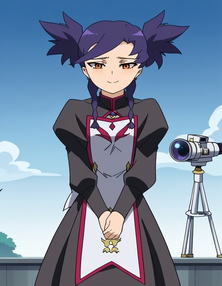 score_9, score_8_up, score_7_up, source_anime, <lora:nina-wang-s1-ponyxl-lora-nochekaiser:1>, nina wang, bangs, twintails, purple hair, braid, twin braids, orange eyes, anime screencap,, long sleeves, dress, jewelry, earrings, puffy sleeves, black dress, juliet sleeves,, observatory, telescope, stars, space, roof, smile, <lora:sad-cat-dance-ponyxl-lora-nochekaiser:1> sad cat dance, sad cat dance (meme), dancing, paw pose, palms together, bouncing breasts, neck bell, cat ear hairband, fake animal ears,, blush, closed eyes, embarrassed,, cowboy shot, looking at viewer,, looking at viewer, solo,, dutch angle, cowboy shot