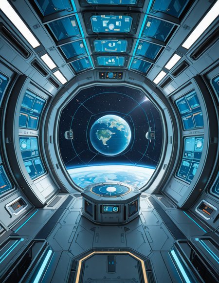 The interior of a massive orbital space station, high above a blue and green Earth-like planet. The setting is a panoramic observation deck with towering reinforced windows that curve around the structure, offering a breathtaking view of the planet below and the star-filled void beyond. The stationâs architecture is sleek and functional, blending advanced human technology with subtle design flourishes â brushed metal walls, glowing interface panels, and clean geometric lines.
Soft white lighting lines the floor and ceiling panels, while ambient blue lights provide a calming atmosphere. Transparent digital displays float in the air, projecting live telemetry, spacecraft traffic, and real-time planetary data in holographic form. In the center of the room, a circular command table displays a rotating 3D projection of the planet and orbital routes.
In the background, the low hum of life support systems and distant radio chatter add to the immersive realism. Cables and utility panels are subtly integrated into the environment, and security doors lead to other compartments of the station. The entire space feels controlled, precise, and filled with purpose â a hub of advanced civilization silently orbiting in the cold beauty of space.<lora:SDXLFaeTastic2400:0.4> <lora:extremely_detailed:0.4> extremely detailed,space station c0ntr0l c3nt3r, <lora:space_station_c0ntr0l_c3nt3r-i:1>, Masterpiece,best quality,hi res,8k,hi res,8k,award winning,(sharp focus, intricate, highly detailed),