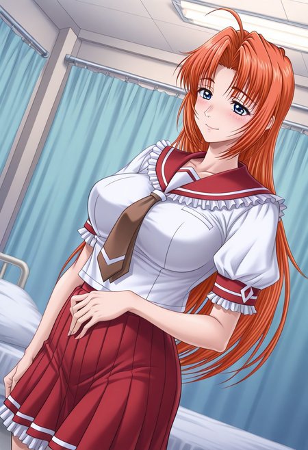masterpiece, best quality, newest, highres, uncensored, 1girl, yokota mamoru style,motion lines,1girl,Inugami Honami,Ahoge hair,Curtained hair,Long hair,Orange hair,Spiky Bangs,Straight hair,Blue Eyes, Tareme Eyes,large breasts，school uniform, necktie, serafuku, white shirt, short sleeves, puffy sleeves, frilled sleeves, frilled sailor collar, red sailor collar, brown necktie, skirt, pleated skirt, red skirt, frilled skirt,, hospital room, bedside, get well flowers, comforting, quiet, smile, , hand on stomach, blush,, solo,, cowboy shot, dutch angle,