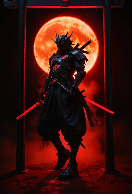cinematic film still samurai balancing on one leg flawlessly on top of a pole, the red moon highlights the subject, night, rimlight, darkness, dark, low-key, chiaroscuro, symmetry, elegance,
cyberpunk dystopia, megabuildings, advertisement, neon signs, dystopia, electrical wiring, loose wires,
mecha, robot, armor, mechanical arms, science fiction, no humans, samurai, japanese symbols
from below, low angle, fisheye lens, wide angle lens,
Glow, red mist, red smoke, red fog
<lora:ES_Kurosawa_Samurai:0.7>,  <lora:zavy-cntrst-sdxl:0.5>,  <lora:zavy-rmlght-sdxl:0.7>, <lora:- SDXL - vanta-black_contrast_V3.0:0.7>, <lora:DetailMaximizer:1> . shallow depth of field, vignette, highly detailed, high budget, bokeh, cinemascope, moody, epic, gorgeous, film grain, grainy